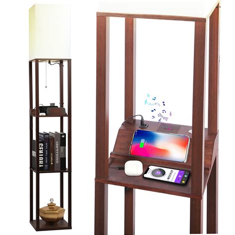 Buy Brown Shelf Floor Lamps with USB Charging Ports and Wireless Speaker, Dimmable Touch Control ...