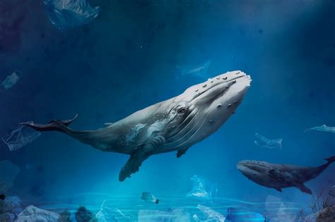 Free Photo | Ocean pollution campaign with whale swimming with plastic bags floating