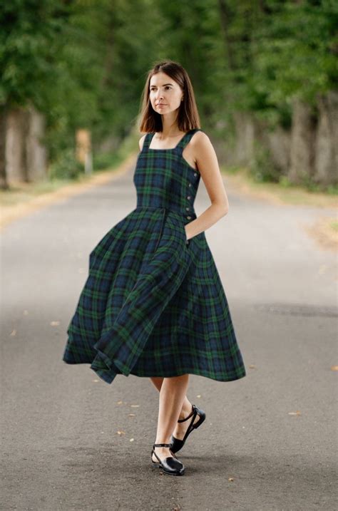 LINEN PLAID DRESS Vintage Inspired Style Green Black Plaid - Etsy