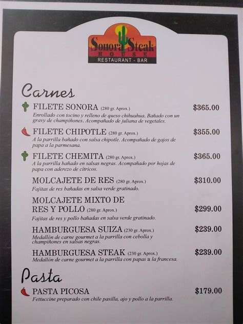 Menu at Sonora Steak HOUSE steakhouse, Hermosillo, Eusebio Francisco Kino 914