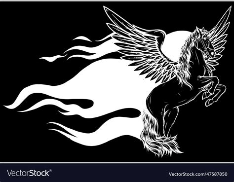 White silhouette of pegasus with flames on black Vector Image