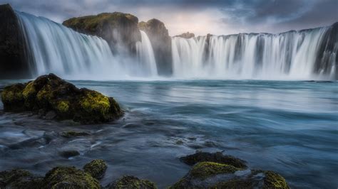 Godafoss waterfall Wallpaper 4K, Iceland, Sunrise, Morning