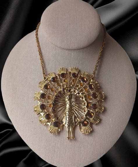 Vintage Large Peacock Necklace With Amber Rhinestones, Vintage Necklace, Vintage Jewelry, 70's ...