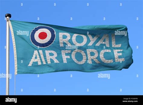 The flag of the Royal Air Force flies next to a static display at the ...