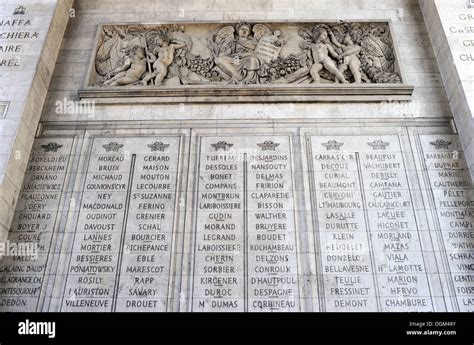 Wall reliefs with names and inscriptions, Arc de Triomphe, Place Stock ...