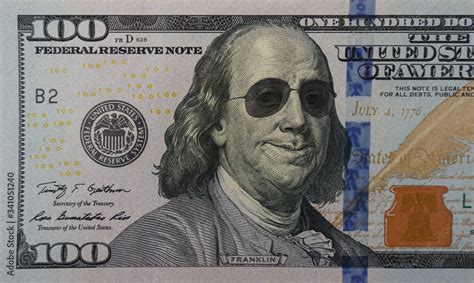 Happy smiling president Franklin portrait wearing sunglasses on 100 ...