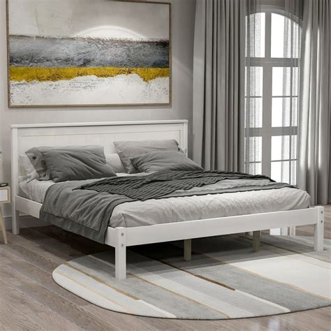 EUROCO Queen Platform Bed Wood Frame With Headboard And Slat Support, White - Walmart.com ...