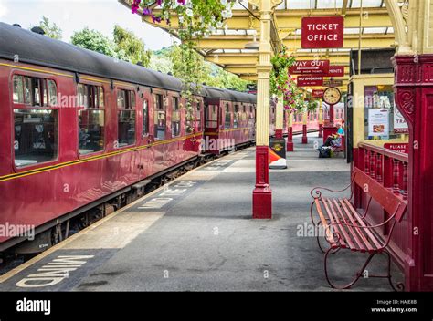 Steam train at the Keighley railway station, part of the Keighley and ...