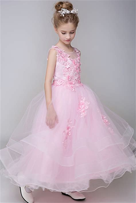 Ball Gown Illusion Neckline Light Pink Tulle Ruffle Lace Flower Girl Dress