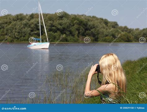 Girl Photographer on the Nature. Stock Photo - Image of grass, work: 20829158