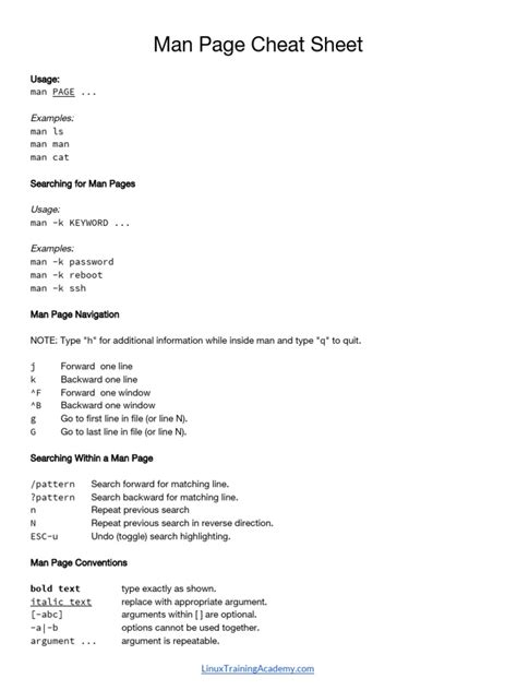 Man Page Cheat Sheet: Examples | PDF