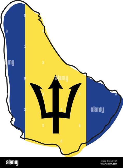 Stylized outline map of Barbados with national flag icon. Flag color ...