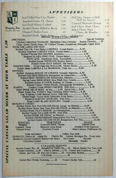 1964 Original Mothers Day Menu KINGSLEY INN Restaurant Bloomfield Hill – Vintage Menu Mania