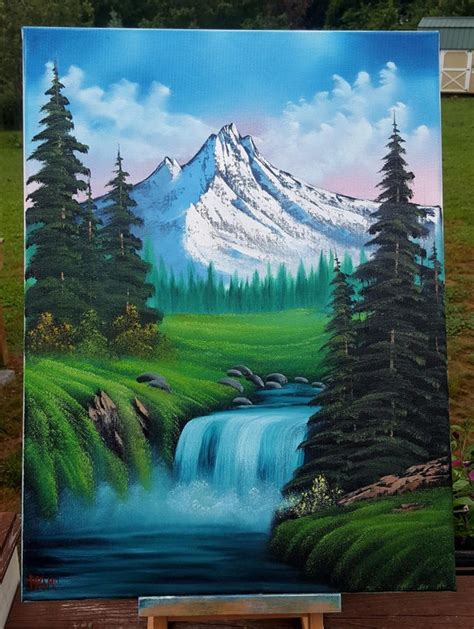 "Bob Ross Style Mountain Waterfall", Oil, 18x24 canvas : r/Art