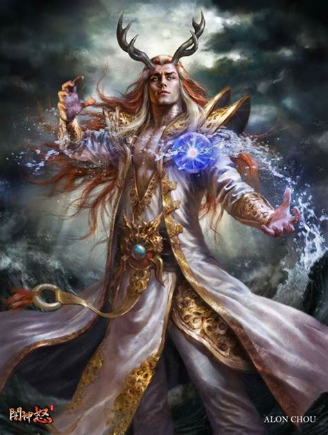 a painting of a male character with horns on his head and hands in the air