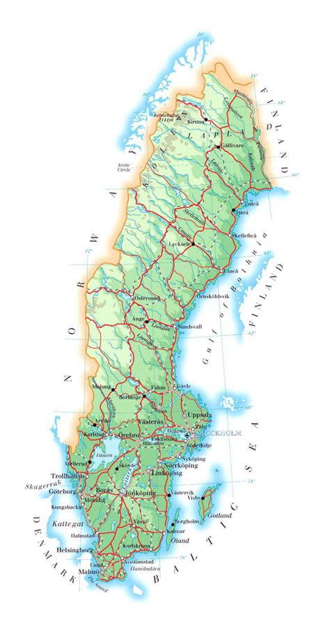 Large detailed physical map of Sweden with roads, cities and airports ...