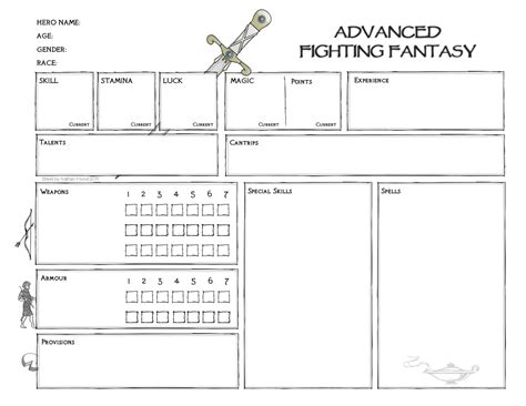 Advanced Fighting Fantasy Character Sheet | Character sheet, Dungeon master's guide, Fantasy ...