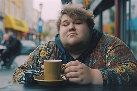 Premium Photo | A fat man having coffee in a bar on the street in winter