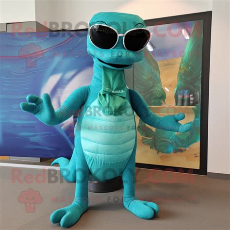 Turquoise Loch Ness Monster mascot costume character dressed with a Bodysuit and Sunglasses ...