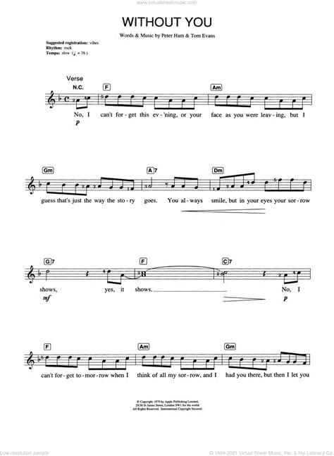 Without You sheet music for piano solo (chords, lyrics, melody)