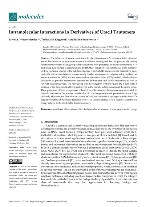 (PDF) Intramolecular Interactions in Derivatives of Uracil Tautomers