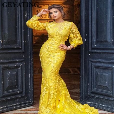 Elegant Yellow Lace Mermaid Evening Dress with Long Sleeves Appliques Celebrity Red Carpet Dress ...