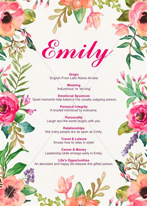 EMILY Girl Name Meaning Watercolor Flowers Poster 5x7 - Etsy Singapore