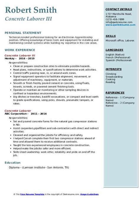 Concrete Laborer Resume Samples | QwikResume