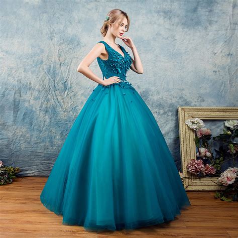 Peacock Blue Prom Dress Long V Neck Banquet Dress Photo Shot | Etsy