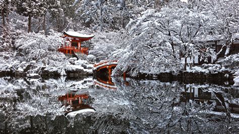 Fond d'écran : Japon, temple, forêt, réflexion, neige, hiver, la glace, gel, étang, Gel, Kyoto ...