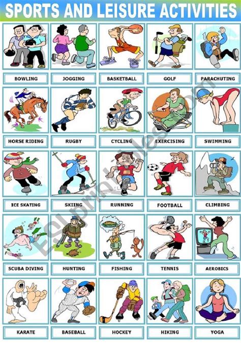 SPORTS AND LEISURE ACTIVITIES -PICTIONARY - ESL worksheet by Katiana | Leisure activities ...