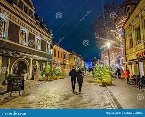 Kaunas City Old Town Street with Restaurants Decorated for Christmas ...