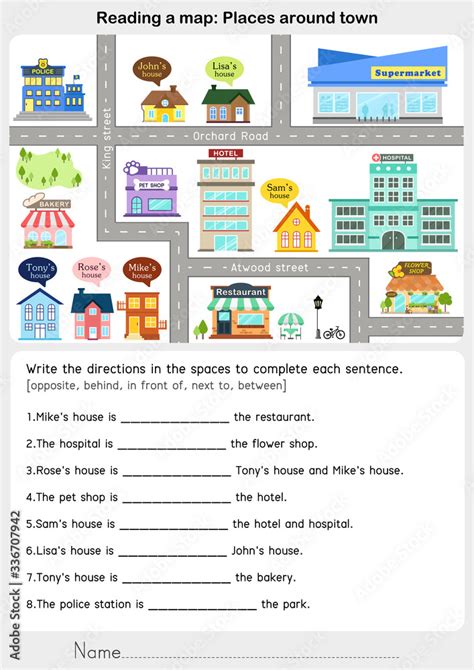 Reading a map: Places around town - Giving direction - Worksheet for education. vector de Stock ...