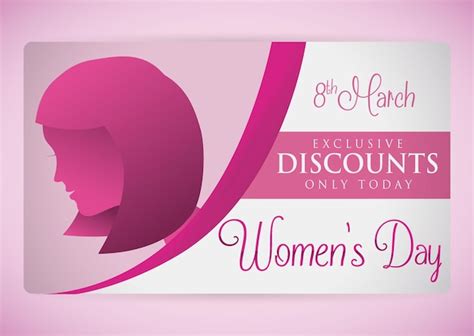 Premium Vector | Discounts card for womens day with a lady with short hair silhouette and ribbon