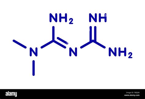 Metformin diabetes drug (biguanide class) molecule. Blue skeletal formula on white background ...