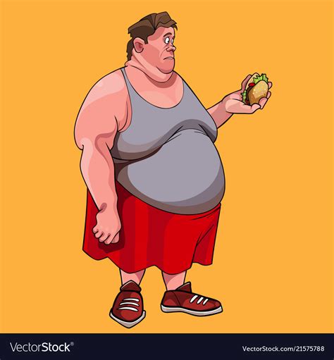 Cartoon Fat Man Looks At Hamburger In His Hand Vector Image | The Best Porn Website