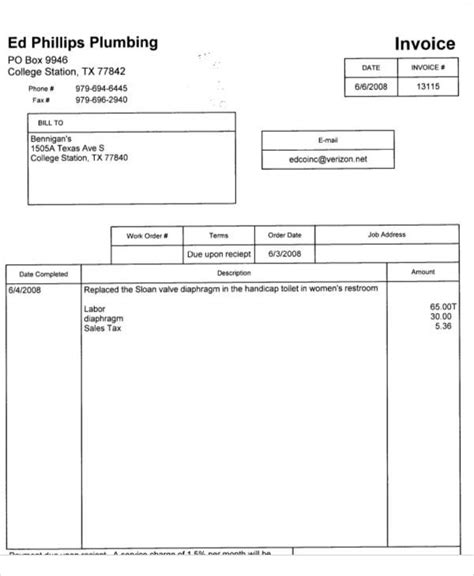 FREE 7+ Sample Plumbing Invoice Templates in PDF | Excel | MS Word