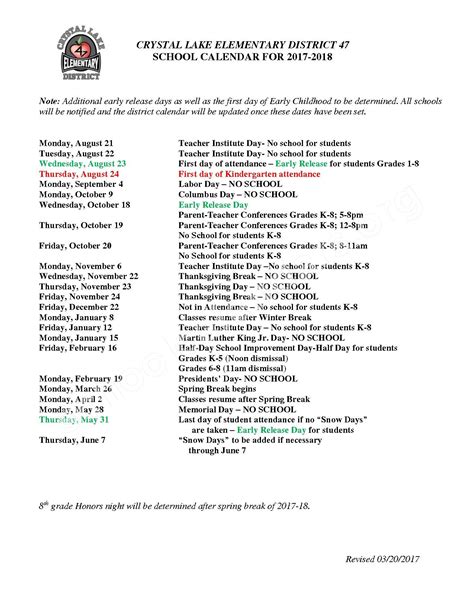 2017 - 2018 District Calendar | Crystal Lake Community Consolidated School District 47 – Crystal ...