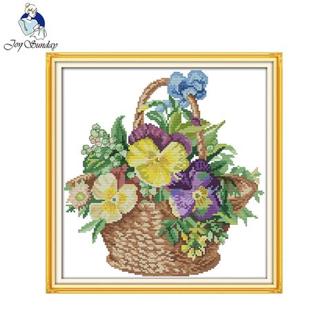 Joy Sunday Needlework Crafts 14ct Printed Embroidery Flower Basket (4) Counted Cross Stitch Kit ...