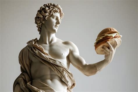 Premium Photo | Ancient Greek god sculpture holding a burger Fit man marble statue offers a ...