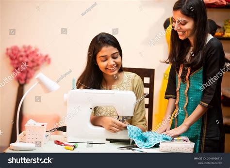 Young Indian Happy Womentailorfashion Designerusing Sewing Stock Photo ...