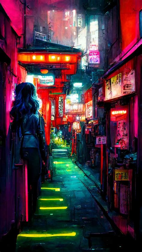 a woman is walking down an alley way with neon lights on the buildings ...