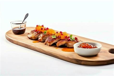 Pork belly braaivleis with mango and chili sauce served on a wooden plank. Restaurant food ...