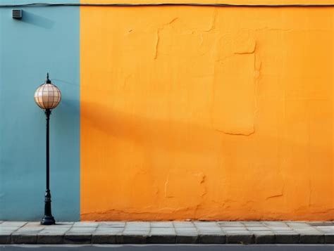 Premium AI Image | an orange and blue wall with a lamp post in front of it