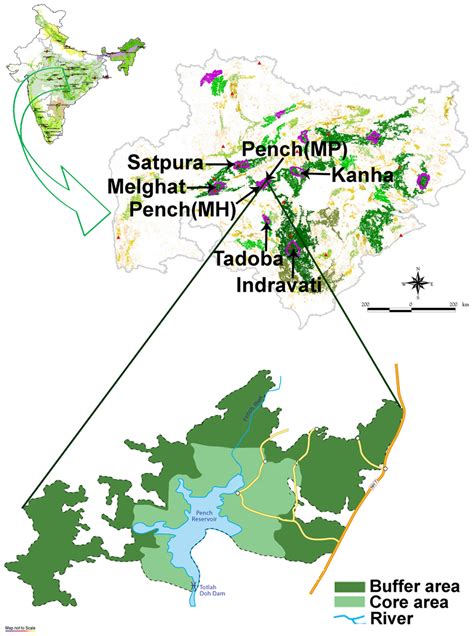 Map showing the location of Pench Tiger Reserve (PTR), Madhya Pradesh ...