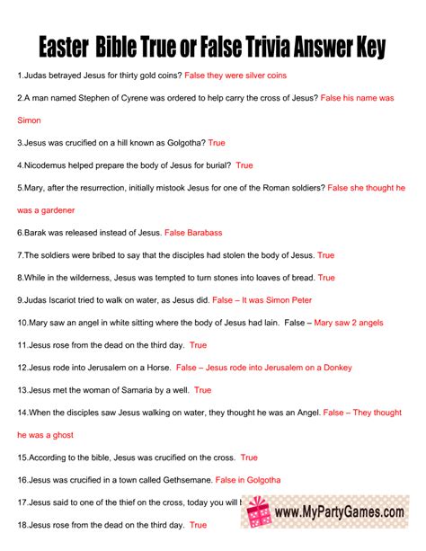 Free Printable Easter Bible True or False Trivia Quiz