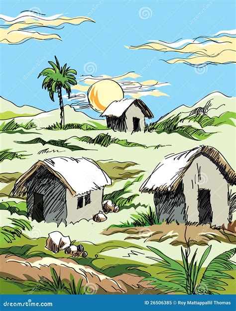 Village huts and sunset stock illustration. Illustration of sketch - 26506385