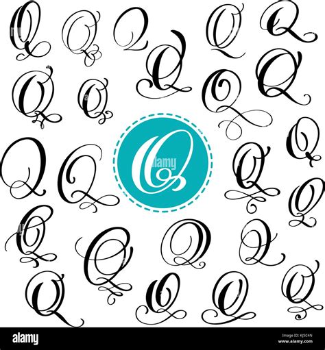 Set letter Q. Hand drawn vector flourish calligraphy. Script font Stock ...