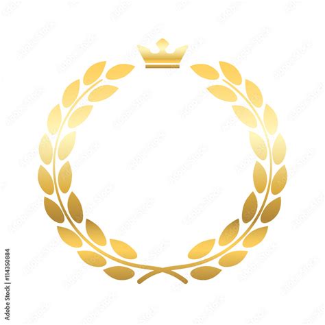 Gold laurel wreath, with crown. Golden leaf emblem. Vintage design, isolated on white background ...