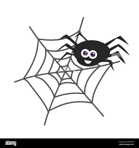 Big black smiling spider sitting on a cobweb on an isolated background on white. Cartoon style ...